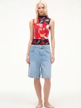 STAUD Red Floral Print Sleeveless Mock Neck Tank